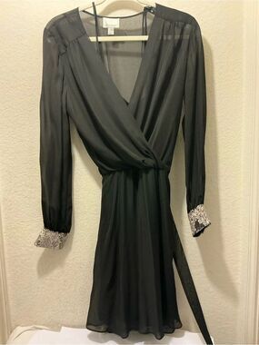 Donna Morgan Black Sheer Wrap Dress with Waist Tie sequin size 8